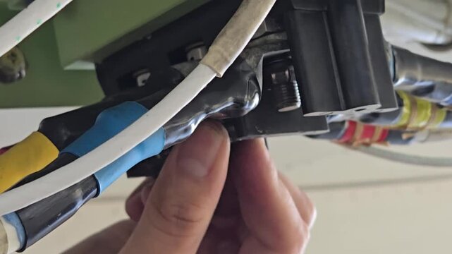 Hand installing nut on feeder cable to terminal block for an aircraft generator. Fingers grip nut with precision. Cables run neatly along green housing. Tool used for electrical maintenance