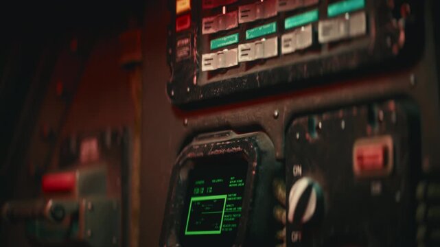 Cinematic 3D animation of a sci-fi cockpit control panel. Close-up view of switches, toggles, a keyboard, and a glowing green monitor with text data. Smooth camera move top to bottom. Macro focus.