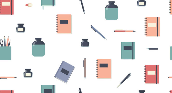 Seamless pattern of stationery with notebooks pens pencils and ink