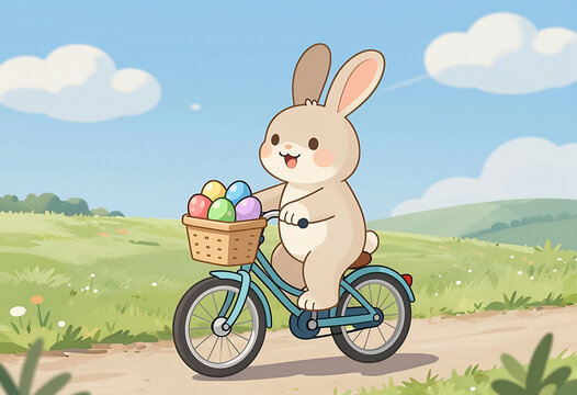 A cute little bunny rides through the countryside carrying a basket of colorful Easter eggs. Image.
