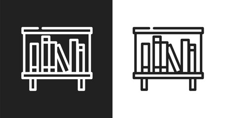 Bookshelves icon. Linear black, white icon from office elements collection. Outline bookshelves vector. Thin line symbol isolated on white and black background © VectorStockDesign