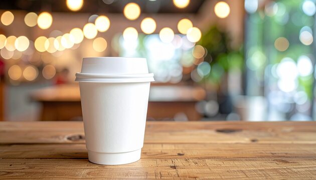 Wei&szlig;er Kaffeebecher auf Holztisch in gem&uuml;tlichem Caf&eacute;