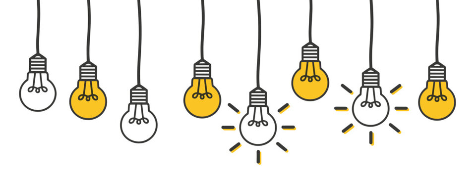 Row of Light Bulbs With Some Lit idea concept