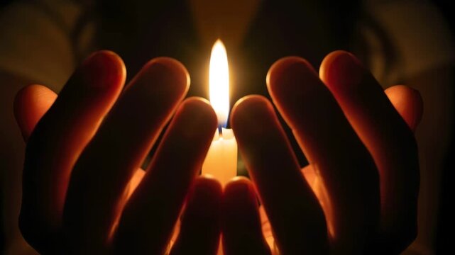 Close up of hands cupped around a burning candle in the dark. Person praying with a lit flame. Spirituality and faith concept. Religious vigil and mourning