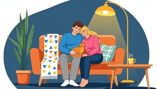 Couple sitting on sofa with dog.