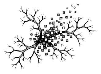 Obraz premium Abstract neural network tree with pixel squares and branching roots line art style