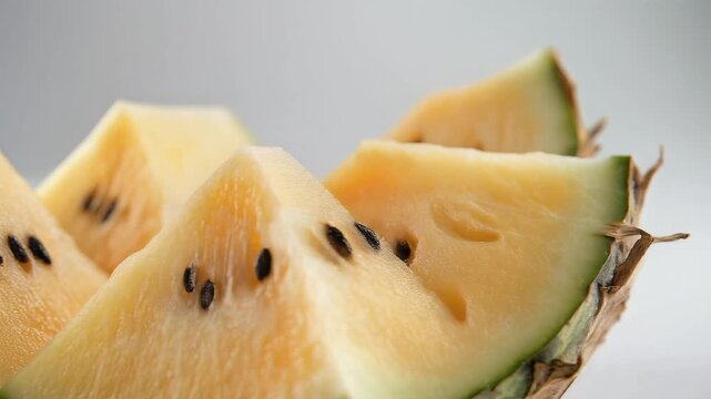 Yellow Watermelon Slices, Fresh Fruit on White Background, Close-up, symbolizing healthy eating and refreshment