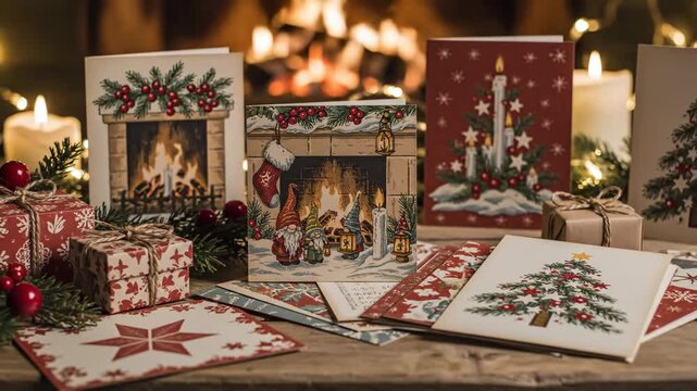 A curated collection of Christmas greeting cards radiates festive winter warmth \'97 vintage Scandinavian design elements including candles, gift boxes, fireplace scenes, and holiday garlands
