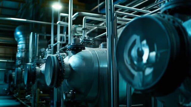 Industrial facility featuring numerous metal tanks, intricate piping, and ventilation grilles under a cool blue light, representing manufacturing, engineering, and power generation