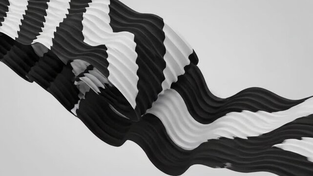 A black and white pleated ribbon curves diagonally in a sharp abstract zigzag paper fold composition.