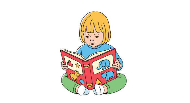 A cartoon toddler with short blonde hair sits cross-legged on a white background, engrossed in reading a large, colorful picture book.