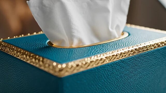 A turquoise tissue box with a golden border is isolated, its elegant design transforming a hygienic household essential into a decorative interior object.