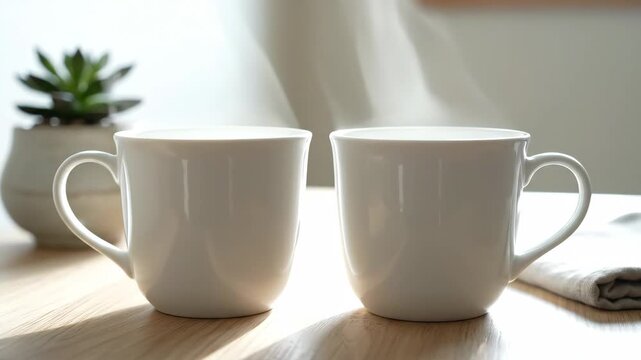 Two white porcelain mugs sit together in a soft Scandinavian-styled duo product mockup on a light, airy desktop background.