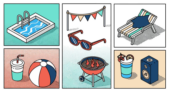 Isometric summer leisure scenes with pool, grill, and beach accessories in retro pop art style