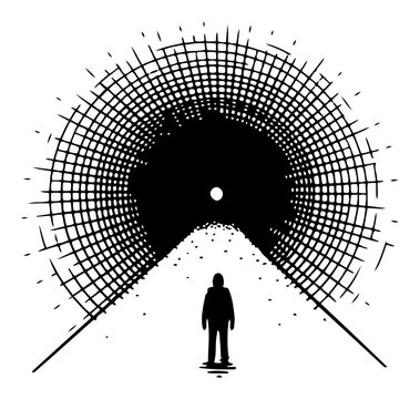 Man standing on path facing dark sun and circular geometric grid in minimalist engraving style