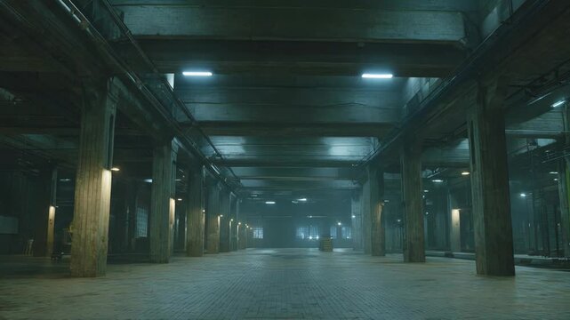 Empty concrete hall featuring numerous supporting pillars and a tiled floor, creating a deep perspective with diffuse light highlighting the vast, vacant industrial space