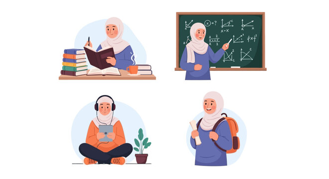 Muslim Woman Studying Set Hijab Education Cartoon Vector Illustrations Isolated on White Background