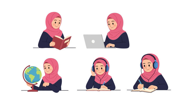 Muslim Woman Studying Set Hijab Education Cartoon Vector Illustrations Isolated on White Background
