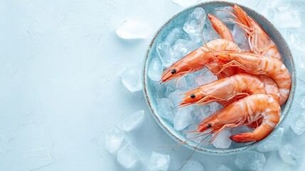 Shrimp on ice, fresh and healthy, sits on a plate against a light background, seen from above.