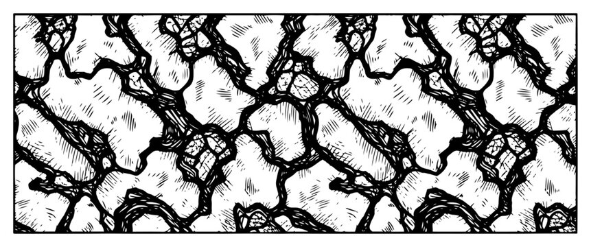 Abstract organic pattern resembling cracked dry earth or bark in hand drawn engraving style