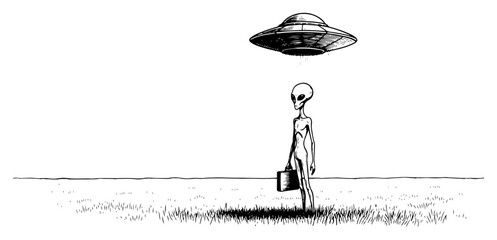 Alien traveler with briefcase standing under a flying saucer in vintage engraving style © Wera
