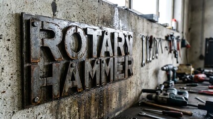 Obraz premium Vintage Rotary Hammer Sign in Industrial Workshop Setting.