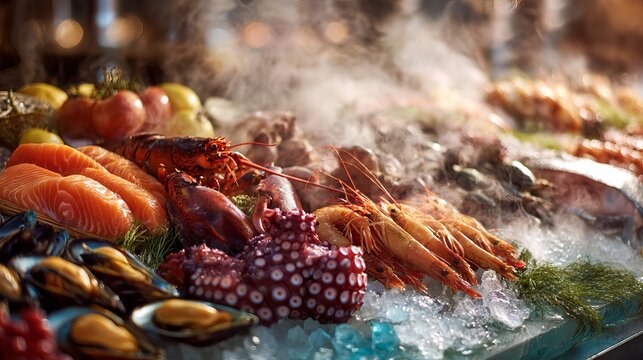 Lobsters, salmon, mackerel, crayfish, prawns, octopus, mussels, and scallops, a fresh, fancy seafood collection, lay on ice with smoky mist in a market.
