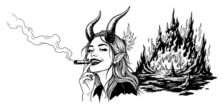 Succubus woman with horns smoking cigar in front of hell fire in engraving style