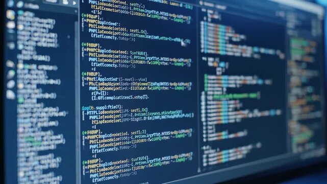 HTML and PHP source code fills a monitor screen with the visual complexity of advanced web programming and software development.