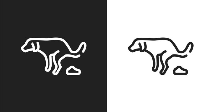 Dog shitting icon. Linear black, white icon from dogs collection. Outline dog shitting vector. Thin line symbol isolated on white and black background