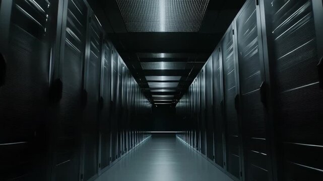 Server racks lining a dark corridor, creating an immersive perspective of interconnected technology infrastructure, facilitating global data storage and transmission