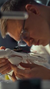Engineer meticulously assembles robotic arm prototype in high-tech lab, surrounded by cutting-edge technology, scattered tools, and multiple data screens that monitor automation development process