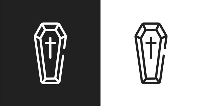 Coffin icon. Linear black, white icon from halloween collection. Outline coffin vector. Thin line symbol isolated on white and black background
