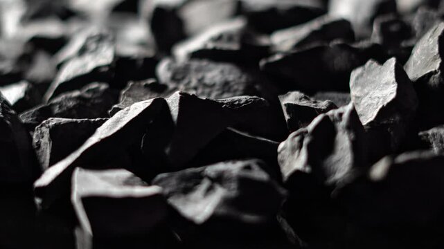 Coal Mining Concept with Dark Rock Texture Background. Black Coal Pieces Background Mining and Industry Theme.  Energy Resource Concept with Raw Coal Texture of Indian Coal.