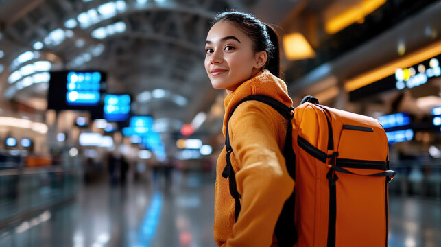 Young woman traveler with backpack smiling and looking back, confidently navigating the vibrant, modern international airport, embracing solo adventure and future destinations