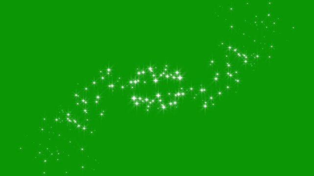 4k magic sparkles glitter line, white blinking stars trail, fast dust motion, christmas star effect,magic particle burst animation, clean green background animation for holiday videos.