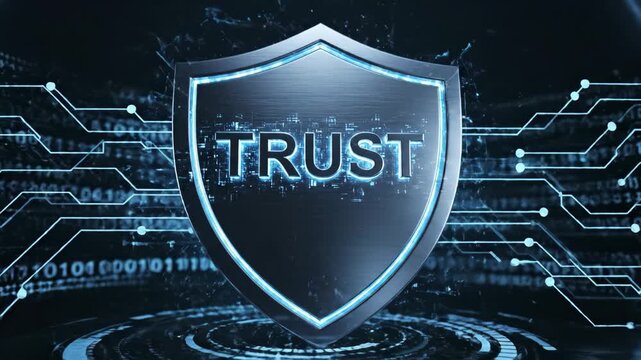 A metallic shield emblazoned with the word TRUST glows with a soft blue digital light, embodying the principles of security, data protection, and business reliability.
