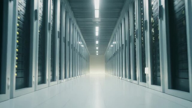 Server racks line a glowing corridor in a modern data center, highlighting scalable infrastructure, cloud computing, high density storage and secure, interconnected networking systems