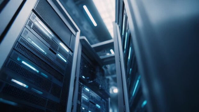 Data center racks fill a server room, with connecting cables and glowing blue lights on the network hardware, indicating complex operations and infrastructure