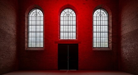 Fototapeta premium Red-lit interior with three arched windows, a closed door, and brick walls