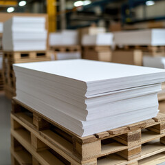 Fototapeta premium Stacks of white paper sheets on a wooden pallet ready for printing, manufacturing, and distribution in a production facility or logistics warehouse environment