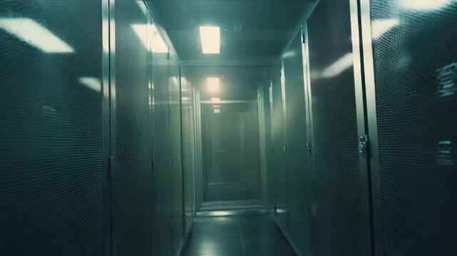 Long corridor presenting an abstract view of a data server room with racks of data processing equipment and bright lights, emphasizing network and information storage technology