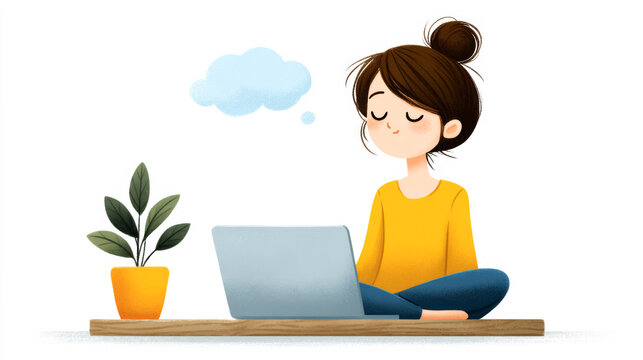 Asian child sitting cross-legged with laptop and plant, engaged in imaginative thought