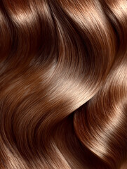 Fototapeta premium Close up of wavy brown hair with shiny highlights and smooth texture. Professional hair coloring and care background for salon advertisement or beauty product design