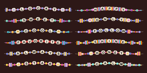 Collection of colorful beaded bracelets with letter beads forming words. Set of cute handmade jewelry concept for kids and friendship gifts. Bright trendy accessories symbolizing love and friendship.