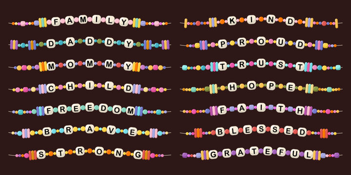 Collection of colorful beaded bracelets with letter beads forming words. Set of cute handmade jewelry concept for kids and friendship gifts. Bright trendy accessories symbolizing love and friendship.