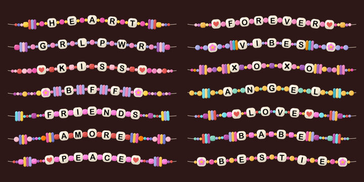 Collection of colorful beaded bracelets with letter beads forming words. Set of cute handmade jewelry concept for kids and friendship gifts. Bright trendy accessories symbolizing love and friendship.