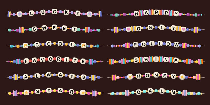 Collection of colorful beaded bracelets with letter beads forming words. Set of cute handmade jewelry concept for kids and friendship gifts. Bright trendy accessories symbolizing love and friendship.
