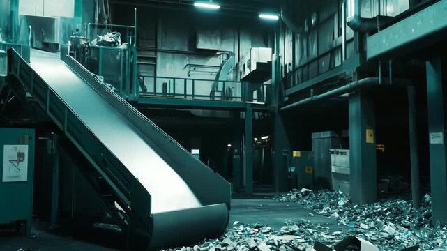 Industrial conveyor belt transporting a large quantity of waste and discarded materials, part of an active recycling facility focused on environmental protection and resource recovery