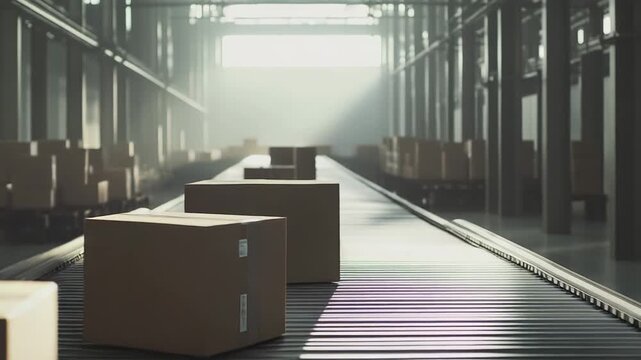 Cardboard boxes are traveling along an industrial conveyor belt inside a large, bustling distribution center, representing efficient logistics and supply chain automation